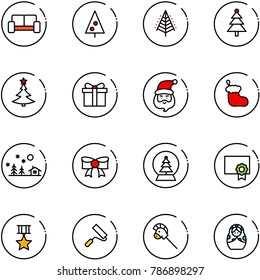 line vector icon set - vip waiting area vector, christmas tree, gift, santa claus, sock, landscape, bow, snowball, certificate, star medal, paint roller, horse stick toy, russian doll