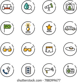 line vector icon set - vip waiting area vector, blood test, telescope, tv news, ipo, award, limousine, sunglasses, swimsuit, woman hat, phone, chip, dryer, radio
