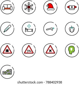 line vector icon set - vip waiting area vector, snowflake, christmas hat, candy, thermometer, hospital bed, push ups, sweet pepper, tunnel road sign, side wind, railway intersection, head bulb