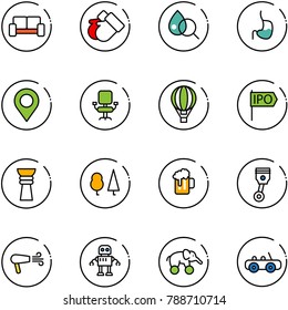 line vector icon set - vip waiting area vector, gloves, blood test, stomach, map pin, office chair, air balloon, ipo, award, forest, beer, piston, dryer, robot, elephant wheel, toy car