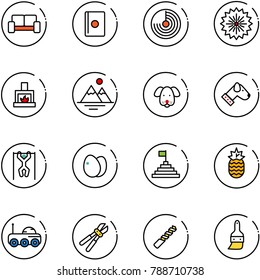 line vector icon set - vip waiting area vector, passport, radar, firework, fireplace, mountains, dog, pull ups, eggs, pyramid flag, pineapple, moon rover, bolt cutter, drill, brush