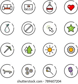 line vector icon set - vip waiting area vector, credit card, christmas ball, heart, pear, no limit road sign, cursor, star, job, arrow up, sun, lounger, flower, horse stick toy, beanbag