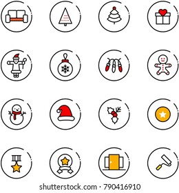 line vector icon set - vip waiting area vector, christmas tree, gift, santa claus, ball, garland, cake man, snowman, hat, holly, star medal, doors, paint roller
