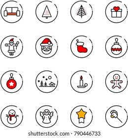 line vector icon set - vip waiting area vector, christmas tree, gift, santa claus, sock, ball, landscape, candle, cake man, snowman, angel, star medal, horse stick toy