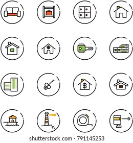 line vector icon set - vip waiting area vector, baggage room, home, key, brick wall, building, dollar, bungalow, lighthouse, measuring tape, laser lever