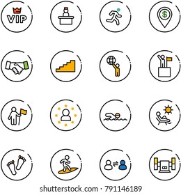 line vector icon set - vip vector, recieptionist, run, dollar pin, agreement, stairs, world, win, star man, swimming, beach, feet, surfing, information exchange, sharpening
