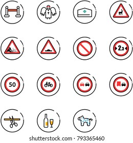 line vector icon set - vip zone vector, angel, doctor hat, wild animals road sign, gravel, artificial unevenness, prohibition, limited width, speed limit 50, no bike, overtake, truck, opening, wine