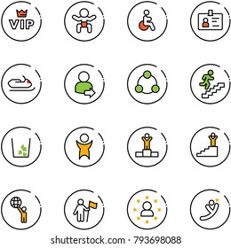 line vector icon set - vip vector, baby, disabled, identity, snowmobile, user login, social, career, garbage, success, winner, world, win, star man, flying