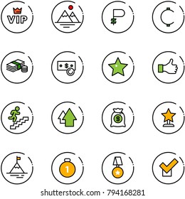 line vector icon set - vip vector, mountains, ruble, cent, cash, star, like, career, arrow up, money bag, award, mountain, gold medal, check