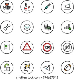 line vector icon set - vip vector, wine, syringe, treadmill, broken bone, virus, coin, atm, attention road sign, speed limit 120, end, unlocked, kite, paper plane, football