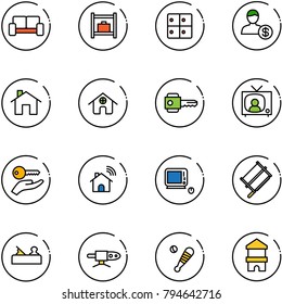 line vector icon set - vip waiting area vector, baggage room, account, home, key, tv news, hand, wireless, monoblock pc, bucksaw, jointer, pipe welding, baseball bat, toy block house