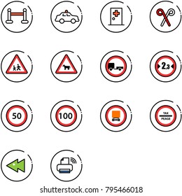 line vector icon set - vip zone vector, safety car, first aid room, santa stick, children road sign, cow, no trailer, limited width, speed limit 50, 100, dangerous cargo, tax peage, fast backward