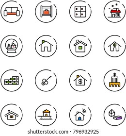 line vector icon set - vip waiting area vector, baggage room, house, snowball, home, brick wall, key, dollar, bank building, bungalow, wireless, constructor blocks