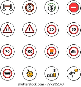 line vector icon set - vip zone vector, no mobile sign, money back, way road, oncoming traffic, attention, speed limit 20, 50, 70, 100, dangerous cargo, bike, customs, moon flag, dollar chart, beach