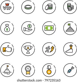 line vector icon set - vip vector, coin, money bag, investment, pyramid flag, finger up, gold cup, career, success, mountain, medal, star, dart