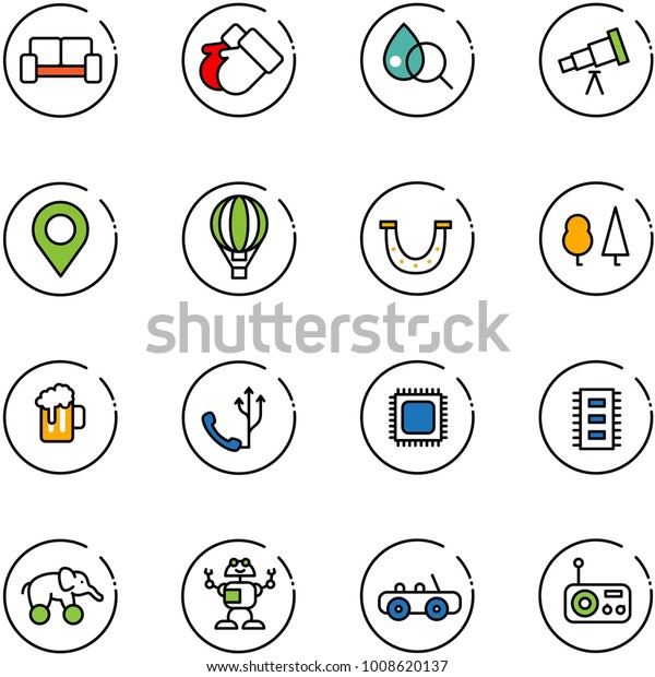 line vector\
icon set - vip waiting area vector, gloves, blood test, telescope,\
map pin, air balloon, luck, forest, beer, phone, cpu, chip,\
elephant wheel, robot, toy car,\
radio