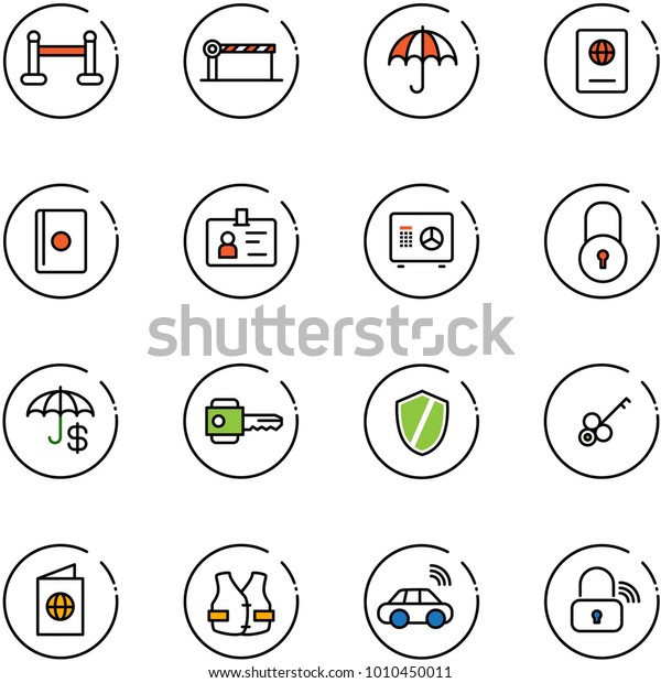 line vector icon set - vip zone vector, barrier,\
insurance, passport, identity, safe, lock, key, shield, life vest,\
car wireless