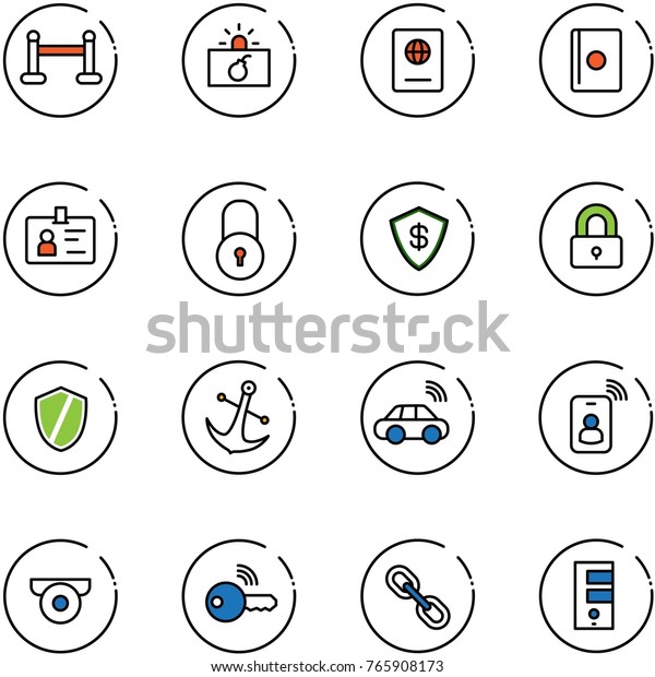 line vector icon\
set - vip zone vector, terrorism, passport, identity, lock, safe,\
locked, shield, anchor, car wireless, card, surveillance camera,\
key, link, server