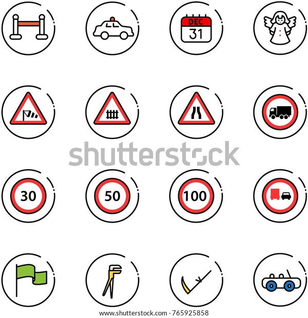 line vector icon set - vip zone vector, safety\
car, 31 dec calendar, angel, side wind road sign, railway\
intersection, narrows, no truck, speed limit 30, 50, 100, overtake,\
flag, plumber, scythe