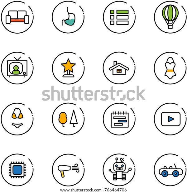 line vector icon set\
- vip waiting area vector, stomach, menu, air balloon, tv news,\
award, home, swimsuit, forest, terms plan, playback, cpu, dryer,\
robot, toy car