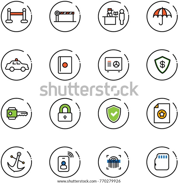 line vector icon set - vip zone vector, barrier,\
passport control, insurance, safety car, safe, key, locked, shield\
check, certificate, anchor, identity card, fingerprint scanner,\
micro flash