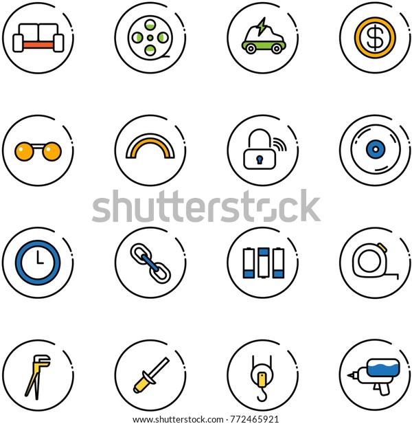 line vector icon set - vip waiting area vector, film\
coil, electric car, dollar, sunglasses, rainbow, wireless lock, cd,\
clock, link, battery, measuring tape, plumber, clinch, winch, water\
gun