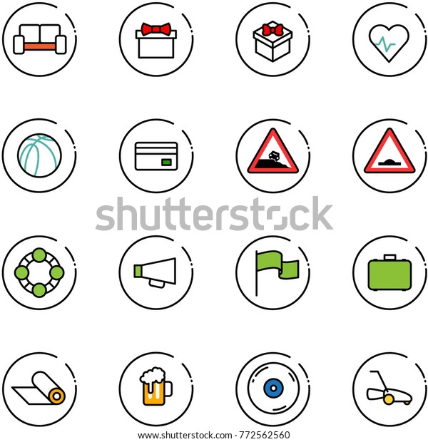 line vector icon set - vip waiting area vector, gift,\
heart pulse, basketball ball, credit card, steep roadside road\
sign, artificial unevenness, friends, loudspeaker, flag, case, mat,\
beer, cd