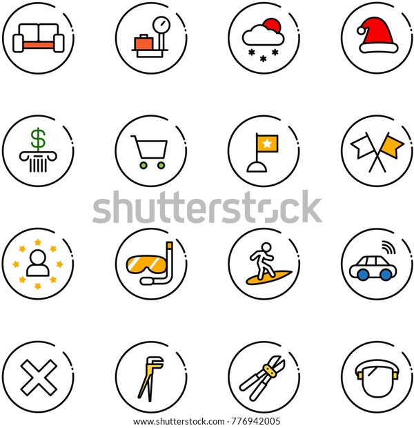 line vector icon set - vip waiting area vector,\
baggage scales, snowfall, christmas hat, bank, cart, flag, flags\
cross, star man, diving, surfing, car wireless, delete, plumber,\
bolt cutter