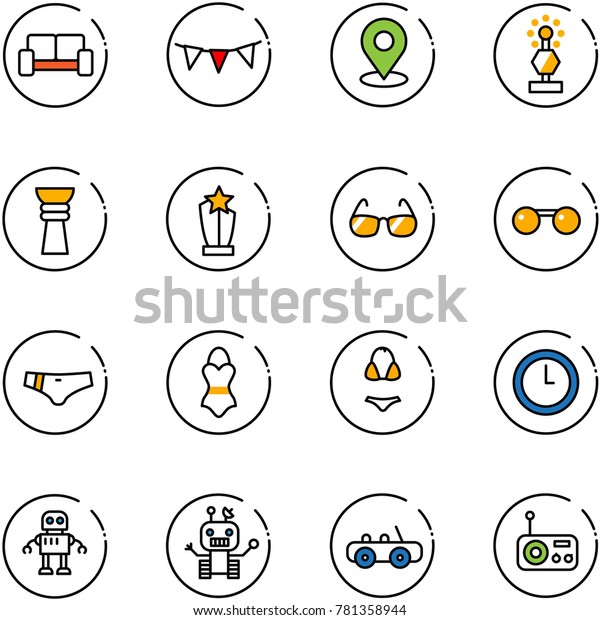 line vector icon set - vip waiting area vector,\
flag garland, map pin, award, sunglasses, swimsuit, clock, robot,\
toy car, radio