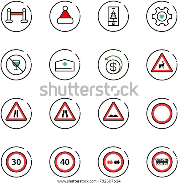 line vector icon set - vip zone vector, christmas\
hat, mobile, heart gear, no alcohol sign, doctor, money back, wild\
animals road, narrows, rough, prohibition, speed limit 30, 40,\
overtake, customs