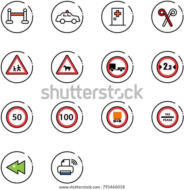 line vector icon set - vip zone vector, safety\
car, first aid room, santa stick, children road sign, cow, no\
trailer, limited width, speed limit 50, 100, dangerous cargo, tax\
peage, fast backward