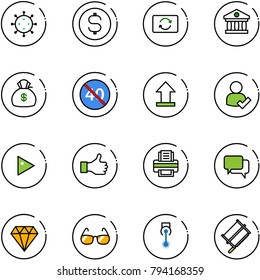 line vector icon set - virus vector, dollar coin, card exchange, bank, money bag, end minimal speed limit road sign, uplooad, user check, play, like, printer, dialog, diamond, sunglasses, laser