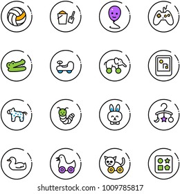 line vector icon set - volleyball vector, bucket scoop, balloon smile, joystick, crocodile, baby car, elephant wheel, game console, toy horse, caterpillar, rabbit, carousel, duck, cat, cube hole