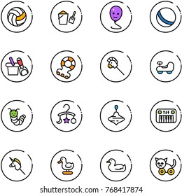 line vector icon set - volleyball vector, bucket scoop, balloon smile, ball, shovel, teethers, horse stick toy, baby car, caterpillar, carousel, wirligig, piano, unicorn, duck, cat