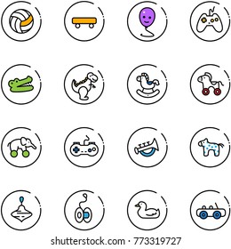 line vector icon set - volleyball vector, skateboard, balloon smile, joystick, crocodile, dinosaur toy, rocking horse, wheel, elephant, gamepad, horn, wirligig, yoyo, duck, car
