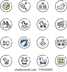line vector icon set - volleyball vector, badminton, joystick wireless, duck toy, shovel bucket, rocking horse, wheel, xylophone, baby car, beach ball, wirligig, bus, monster, cube hole