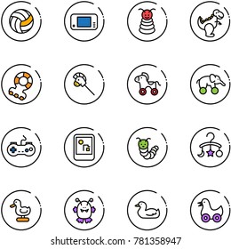 line vector icon set - volleyball vector, game console, pyramid toy, dinosaur, teethers, horse stick, wheel, elephant, gamepad, caterpillar, baby carousel, duck, monster