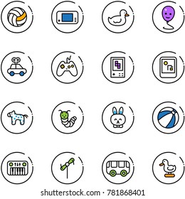 line vector icon set - volleyball vector, game console, duck toy, balloon smile, car, joystick, horse, caterpillar, rabbit, beach ball, piano, windmill, bus