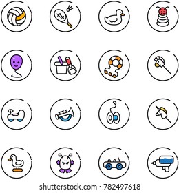 line vector icon set - volleyball vector, badminton, duck toy, pyramid, balloon smile, shovel bucket, teethers, horse stick, baby car, horn, yoyo, unicorn, monster, water gun