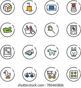 line vector icon set - volleyball vector, sand castle, game console, pyramid toy, crocodile, shovel bucket, horse stick, horn, rabbit, duck, car, cat, cube hole