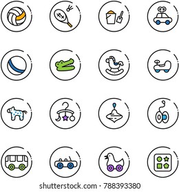 line vector icon set - volleyball vector, badminton, bucket scoop, car toy, ball, crocodile, rocking horse, baby, carousel, wirligig, yoyo, bus, duck, cube hole