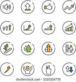 line vector icon set - volume max vector, uplooad, like, growth arrow, arrows up, career, opportunity, success, victory, down