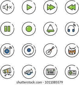 line vector icon set - volume off vector, play, fast forward, backward, pause, record, bell, wireless headphones, speaker, cd, guitar, drum, xylophone, horn toy, piano, radio