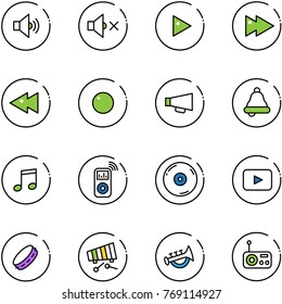 line vector icon set - volume medium vector, off, play, fast forward, backward, record, loudspeaker, bell, music, player, cd, playback, tambourine, xylophone, horn toy, radio