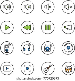 line vector icon set - volume max vector, medium, low, off, play, fast backward, pause, loudspeaker, music player, wireless headphones, speaker, cd, playback, record button, guitar, drum