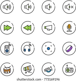 line vector icon set - volume max vector, medium, low, off, fast forward, backward, loudspeaker, microphone, music player, wireless headphones, record button, tambourine, drum, xylophone, horn toy