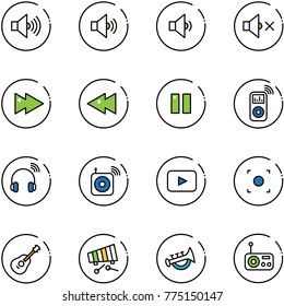line vector icon set - volume max vector, medium, low, off, fast forward, backward, pause, music player, wireless headphones, speaker, playback, record button, guitar, xylophone, horn toy, radio