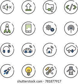 line vector icon set - volume off vector, uplooad, shared folder, tag code, rocket, mobile, gear, antenna, wireless headphones, car, home, cloud exchange data, bulb, wrench hammer, robot