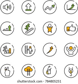 line vector icon set - volume max vector, uplooad, growth arrow, career, success, finger up, opportunity, victory, cloud ladder, winch
