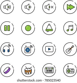 line vector icon set - volume medium vector, low, off, fast forward, pause, record, bell, music, wireless headphones, speaker, playback, guitar, tambourine, drum, toy piano, radio